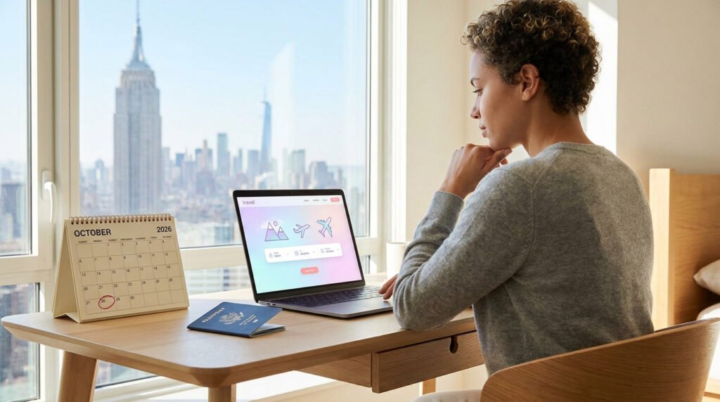 Une femme devant un ordinateur avec une vue sur New York, un calendrier et un passeport sur le bureau.