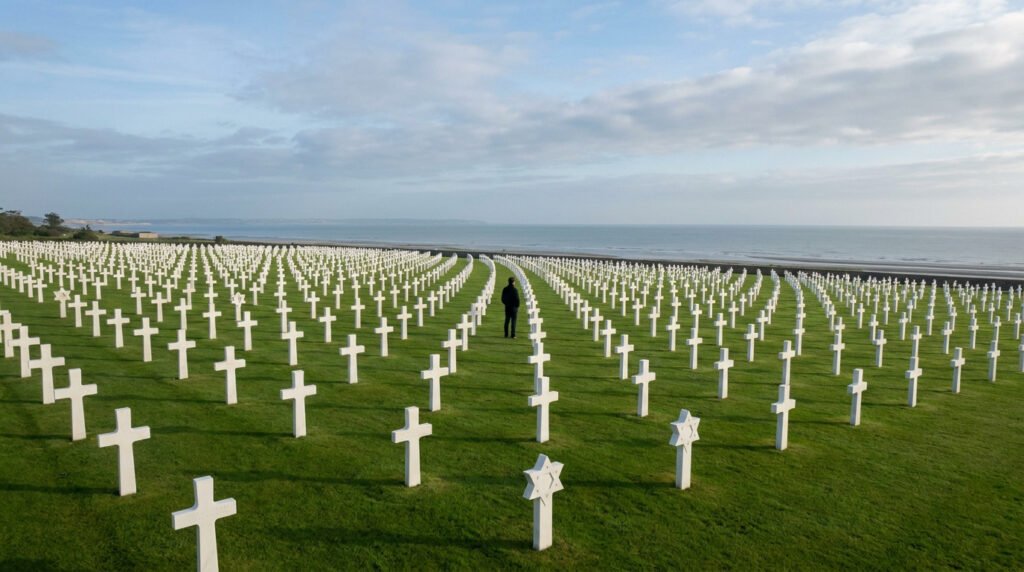 Une personne seule se tient au milieu des croix blanches du cimetière américain de Normandie surplombant la mer.