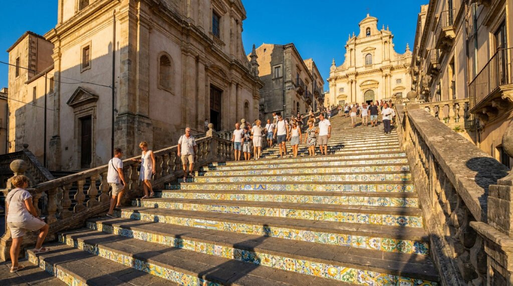Touristes montant le célèbre escalier en céramique de Caltagirone sous un ciel bleu en Sicile.