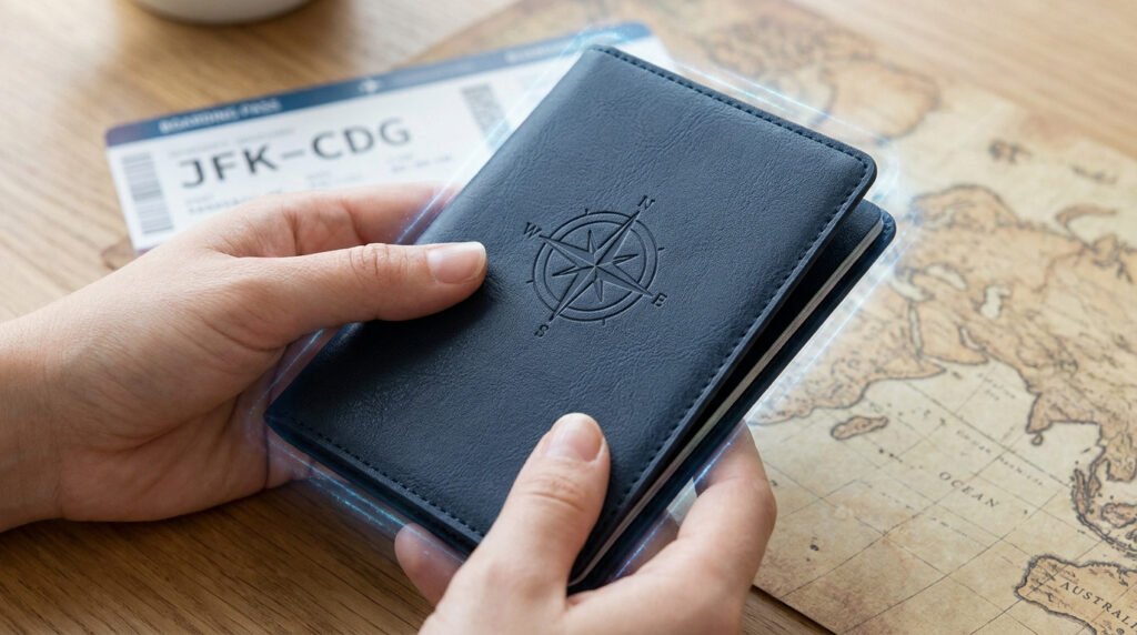 Mains tenant un protège-passeport bleu marine avec une boussole gravée, devant une carte du monde et un billet d'avion.