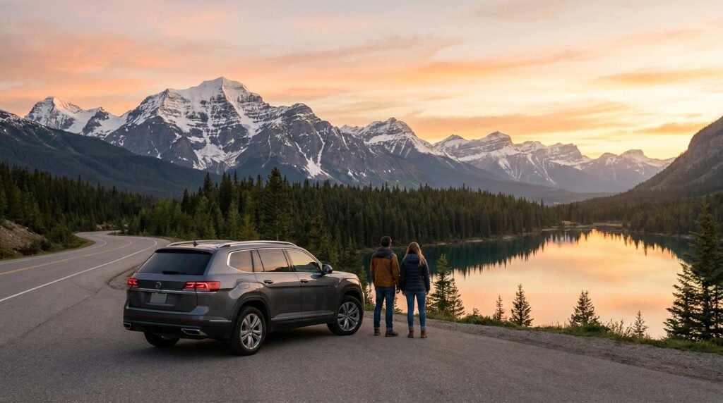 Un couple admire un lac de montagne au coucher du soleil lors d'un road trip en voiture au Canada.