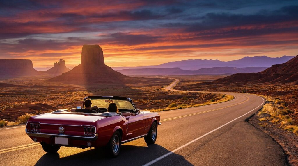 Un couple conduit un cabriolet rouge sur une route désertique de Monument Valley au coucher du soleil.