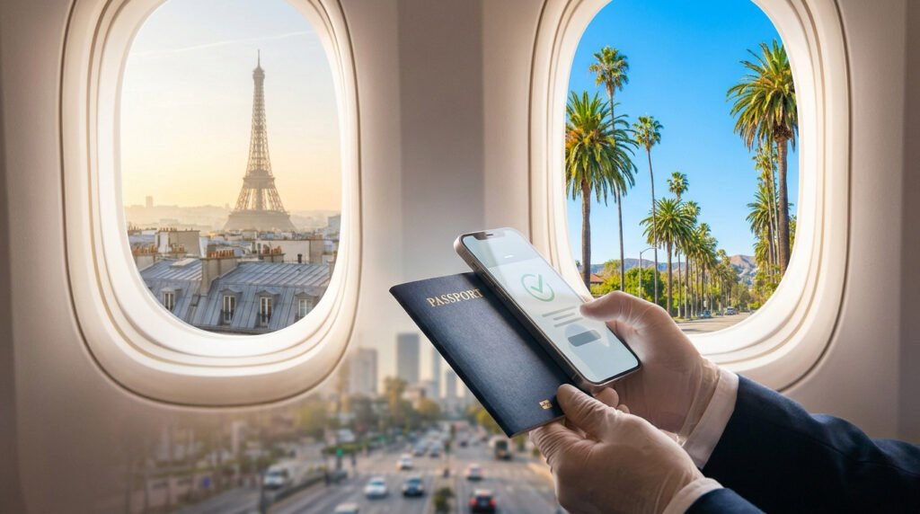 Mains tenant un passeport et un smartphone affichant une approbation ESTA devant des hublots d'avion montrant Paris et LA.