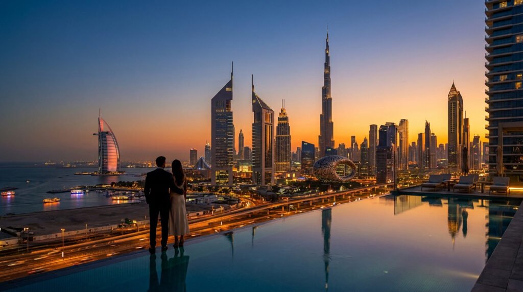 Un couple en tenue élégante regardant la skyline de Dubaï et le Burj Khalifa depuis une piscine à débordement au crépuscule.