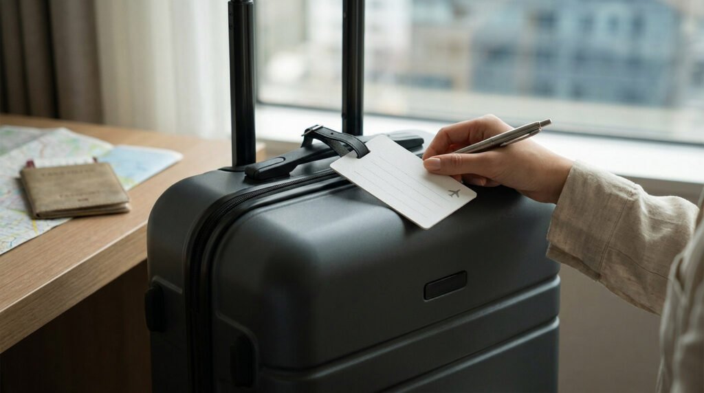 Une personne remplit une étiquette de bagage blanche accrochée à une valise noire moderne.