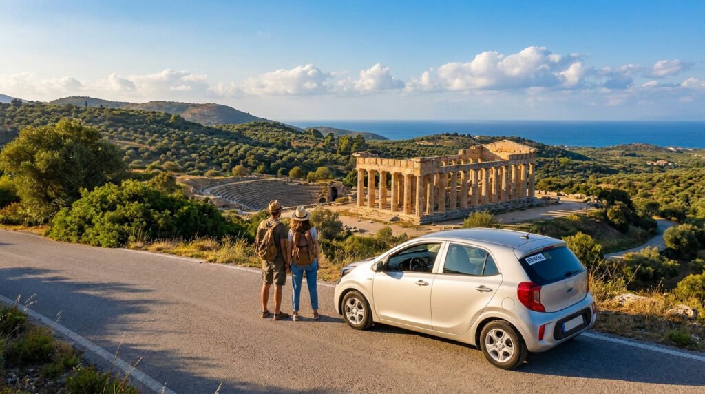 Un couple de voyageurs devant leur voiture de location, face aux ruines d'un temple antique et d'un théâtre en Grèce.