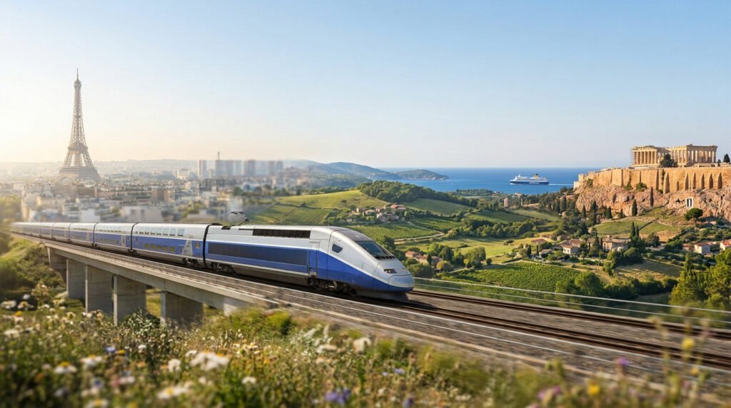 Un train à grande vitesse circule entre la tour Eiffel à Paris et l'Acropole d'Athènes dans un paysage méditerranéen.
